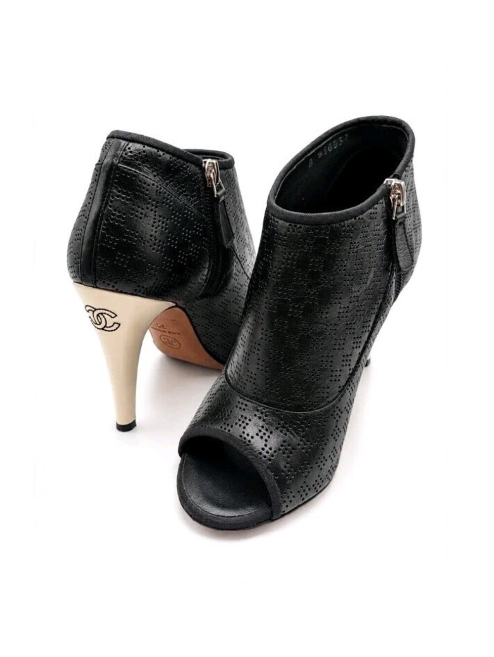 Chanel G30037 Peep Toe Ankle Boots Black Leather CC Heels Size 36 Italy US 6 COA